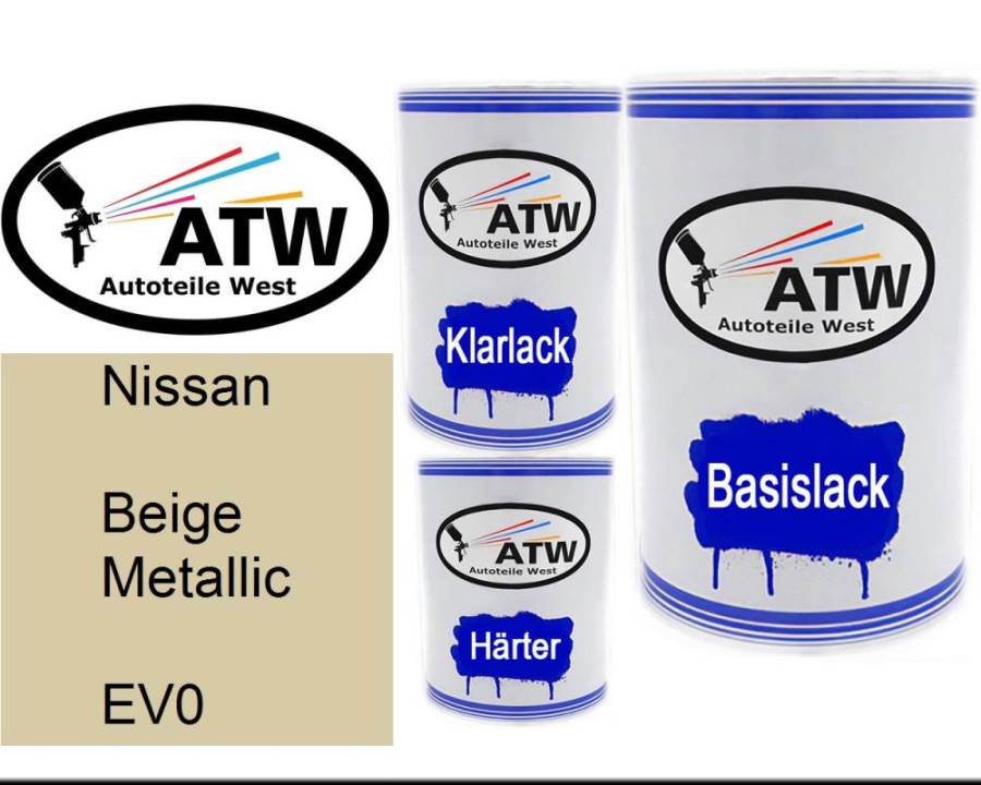 Nissan, Beige Metallic, EV0: 500ml Lackdose + 500ml Klarlack + 250ml Härter - Set, von ATW Autoteile West.